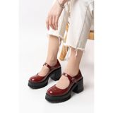 Tek Baletli Neon 8 Cm Topuklu Platformlu Loafer Ayakkabı Bordo Rugan