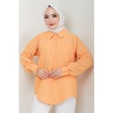Tek Cepli Uzun Kol Oversize Keten Gömlek Turuncu HM2651 - 42