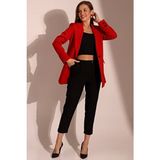 Tek Düğmeli Blazer Model Ceket Kadın Uzun Kol Kırmızı Düz Dokuma Casual Stil - 42