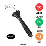Tek-İş 250mm x 4.8mm Siyah Plastik Kablo Bağı | 50 Adet | Güçlü Cırt Kelepçe | Kablo Sabitleme ve Düzenleme