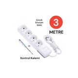 Tek-İş Grup Priz Topraklı 4 Lü 3 Metre + Kontrol Kalemi Çoklu Priz Seyyar Ara Kablo Uzatma Kablosu
