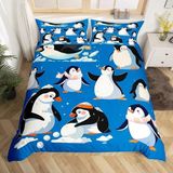 Tek Kişilik Nevresim Takımı Mavi Penguen Nevresim Takımı Çocuklar Için Yumuşak Hipoalerjenik Mikrofiber Yorgan Kılıfı, Fermuarlı 1 Nevresim 135X200 cm