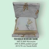 Tek Kişilik Pamuklu Nevresim Takımı / Lastikli Çarşaflı Set - Beyaz - Altın - 160 x 200 cm