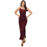 Tek Omuz Aksesuarlı Dalgıç Kumaş, Yırtmaçlı Uzun, Askılı Maxi Elbise (Bordo, Small)