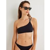 Tek Omuz Bikini Üstü Taşlı Metal Toka Detaylı Mat Kumaş Dokulu