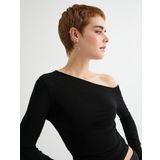 Tek Omuz Tişört Slim Fit Asimetrik Yaka Uzun Kollu Drape Detaylı