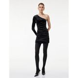 Tek Omuz Uzun Kollu Bodycon Kadife Mini Abiye Elbise
