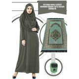 Tek Parça Namaz Elbisesi - Haki - 5015 & Seccade & Zikirmatik - Üçlü Takım