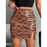 Tek Yırtmaçlı Zebra Desenli Deri Etek Kahvesiyah W24475-S - 001-Renkli - XL