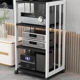 Tekerlekli 4 Katlı HiFi Dolap, Döner Tabla ve Oyun Konsolu için Ayarlanabilir Ses Rafı, Modern Beyaz ve Siyah Saklama Dolabı, Sağlam Çok Katmanlı HiFi Raf