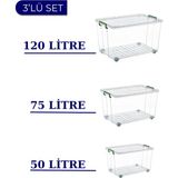 Tekerlekli Saklama Kutusu 3'lü Set 120 Lt - 75 Lt - 50 Lt Ayakkabı/mutfak/banyo Düzenleme - Beyaz