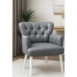 Tekli Berjer Koltuk - Kapitoneli Suni Deri - Beyaz Ahşap Ayaklı - Modern Retro Tasarım - Balkon, Ofis ve Salon Koltuğu (Gri)