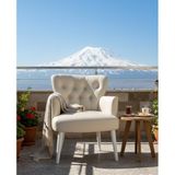 Tekli Berjer Koltuk - Kapitoneli Suni Deri - Beyaz Ahşap Ayaklı - Modern Retro Tasarım - Balkon, Ofis ve Salon Koltuğu (Krem)