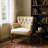 Tekli Berjer Koltuk - Kapitoneli Suni Deri - Ceviz Ahşap Ayaklı - Modern Retro Tasarım - Balkon, Ofis ve Salon Koltuğu (Krem)