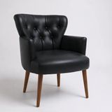 Tekli Berjer Koltuk - Kapitoneli Suni Deri - Ceviz Ahşap Ayaklı - Modern Retro Tasarım - Balkon, Ofis ve Salon Koltuğu (Siyah)