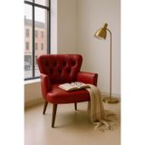 Tekli Berjer Koltuk - Kapitoneli Suni Deri - Ceviz Ahşap Ayaklı - Retro Modern Tasarım