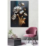 Tekli Dikey Kanvas Salon Yatak Odası Mutfak Ofis Duvar Tablosu Gold Efekt 3D Beyaz Çiçek