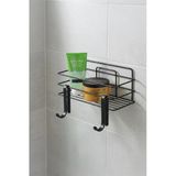Tekli Siyah Yapışkanlı Banyo Rafı + 2’Li Askı Kanca Seti – Paslanmaz Metal Duş Şampuanlık (Yapıştır/Vidala) – Tş-01