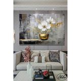 Tekli Yatay Kanvas Dekoratif Salon Yatak Odası Duvar Tablosu Gold Efektli 3D Beyaz Çiçekler