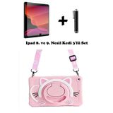 TEKNETSTORE Apple iPad 8. ve 9. Nesil 10.2 İnç ile Uyumlu Kedi Kılıf, Standlı Askılı, Pembe, 3'lü Set