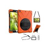 TEKNETSTORE iPad 5, iPad Air 2, iPad 9.7 (2017-2018) ile Uyumlu 9.7 İnç Defender Tank Zırh Silikon Kılıf, Turuncu, Askılı Kalemlikli