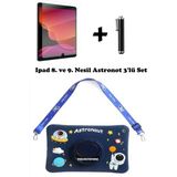 TEKNETSTORE Ipad 8. ve 9. Nesil 10.2 Inç 2020 / 2021 Uyumlu Kedi Kılıf Standlı Askılı Eğlenceli 3'lü Set - Mavi