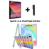 TEKNETSTORE Ipad 8. ve 9. Nesil 10.2 Inç 2020 / 2021 Uyumlu Kedi Kılıf Standlı Askılı Eğlenceli 3'lü Set - Renkli
