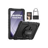 TEKNETSTORE Samsung Galaxy Tab A9+ 11 İnç ile Uyumlu SM-X210 Tablet Kılıfı, Askılı Defender, Yüksek Koruma, Siyah