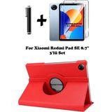 TEKNETSTORE Xiaomi Redmi Pad Se 8.7 Inç Tablet Uyumlu Uyku Modlu 360 Döner Pu Deri Kılıf Seti - Kırmızı