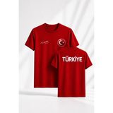 Teknik Türk Bayrağı Baskılı ( Metalize Hologramlı ) Atatürk Imzalı Türkiye Tişört - Kırmızı - XL