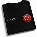 Teknik Türk Bayrağı Baskılı ( Metalize Hologramlı ) Atatürk Imzalı Türkiye Tişört - Siyah - XL