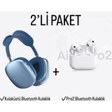 TEKNO Kulak Üstü ve Pro2 A Plus Kulak Içi Ios & Android Uyumlu Kablosuz Bluetooth Kulaklık Paketi - Mavi