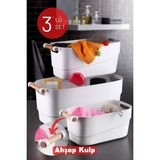 Tekno Trust 3 3'lü Set Ahşap Kulplu Çok Amaçlı Banyo,mutfak,çekmece Içi Düzenleyici Retro Sepet Beyaz Plastik T - 0