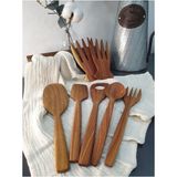 Tekno Trust Badem Ağacı Ahşap Tahta Kaşık + Spatula + Çatal + Salata Karıştırma Çatalı Set 7 Parça