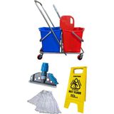 Tekno Trust Çift Kovalı Krom Temizlik Arabası Paspas Arabası Islak Mop Setli Kaygan Zemin Levhalı Set - Beyaz