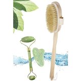 Tekno Trust Doğal At Kılı Karşıtı Ahşap Banyo Fırçası ve 2'li Yüz Masaj Aleti Yeşim Taşı Seti