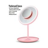 TeknoClass Şarjlı Oval Masa Üstü Makyaj Aynası Dokunmatik Led Işıklı Pembe ve Beyaz Plastik