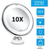 Teknofaji 10X Büyüteçli Estetik Makyaj Aynası, 3 Mod LED Işık, Vantuzlu Kozmetik Ayna, 360° Dönebilme - Beyaz