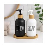 TeknoKapsül 2’li Cam Sıvı Sabunluk ve Losyonluk Seti | 500 ml Siyah & Beyaz Boyalı Cam | Bambu Kapak ve Ahşap Altlıklı Banyo Seti | Şık ve Dayanıklı Tasarım