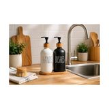 TeknoKapsül 2’li Hands Dishes Siyah Beyaz Cam Sıvı Sabunluk Seti 500 Ml, Bambu Standlı Dekoratif Mutfak & Banyo Sabunluk Dispenser Seti Şık Modern Tasarım