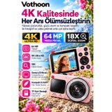 TeknoKapsül 4k Dijital Fotoğraf Makinesi 18x Dijital Zoom 64 Mp Ön Ve Arka Ekranlı Kompakt Kamera Pembe KRG-95MEKAMPEM