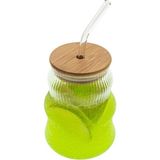 TeknoKapsül 500ML Bambu Kapaklı Cam Bardak, Cam Pipetli Silikon Kapak Contalı Ince Çizgi Desenli Sıcak Soğuk Içecekler Için Kahve Meyve Suları ve Çayları Için Ergonomik Şık Tasarım