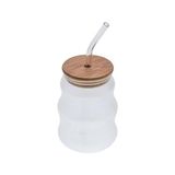 TeknoKapsül 500ML Bambu Kapaklı Cam Bardak, Cam Pipetli Silikon Kapak Contalı Ince Çizgi Desenli Soğuk Içecekle - 500 ml