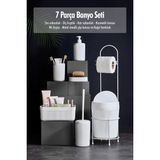 TeknoKapsül 7 Parça Beyaz Banyo Seti Metal Stantlı Kovalı Wc Kağıtlık Kozmetik Kutusu Diş Fırçalık ve Sabunlukla