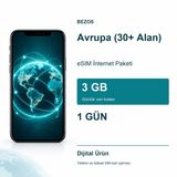 TeknoKapsül Avrupa (30+ Alan) eSIM İnternet Paketi Günlük 3 GB 1 Gün BZ-ESIM-FE1EE777F9C1