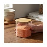 TeknoKapsül Bambu Kapaklı Kare Cam Saklama Kavanozu (10X10 Cm) - Vakum Kapaklı Şeffaf Erzak Kabı Mutfak Düze
