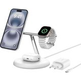 TeknoKapsül Belkin 3'ü 1 Arada Manyetik Magsafe Uyumlu Qi2 15W Kablosuz Şarj Standı, iPhone 16, 15, 14 ve 13 Serisi, Airpods, Apple Watch Vb. Için Hızlı Şarj Özellikli iPhone Şarj Cihazı (Psu Dahil) - Beyaz