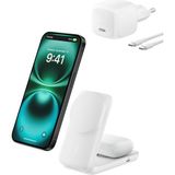 TeknoKapsül Belkin Ultracharge Magsafe Uyumlu 2’si 1 Arada Qi2 25W Kablosuz Şarj Istasyonu, iPhone 16, Airpods, Pixelsnap, Dönüştürülebilir Masaüstü Standı, Usb-C Portlu, 45W Adaptör, Beyaz