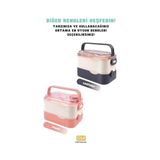 TeknoKapsül Bento 1350ML Lunchbox 2 Katlı 3 Bölmeli Sosluklu Çelik Sefer Tası Yemek Kutusu Çatal Kaşık Hediy - 1350 ml