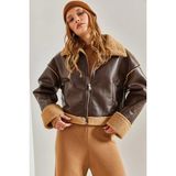 TeknoKapsül Bianco Lucci Kadın Kürklü Yandan Cepli Deri Mont 40941022 - Siyah - XL
